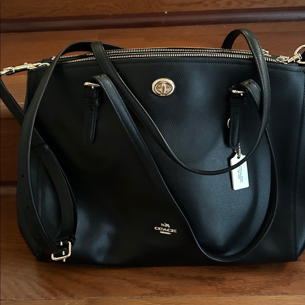 Coach Black Leather Shoulder Bag with Gold Accents
